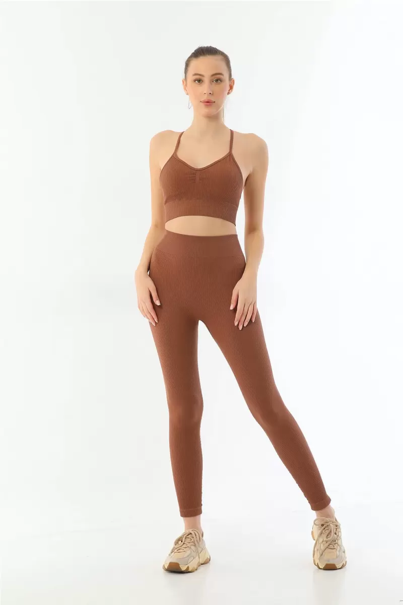 Kahve  3921 Soft Seamless Ripli Tayt Yoga Takımı
