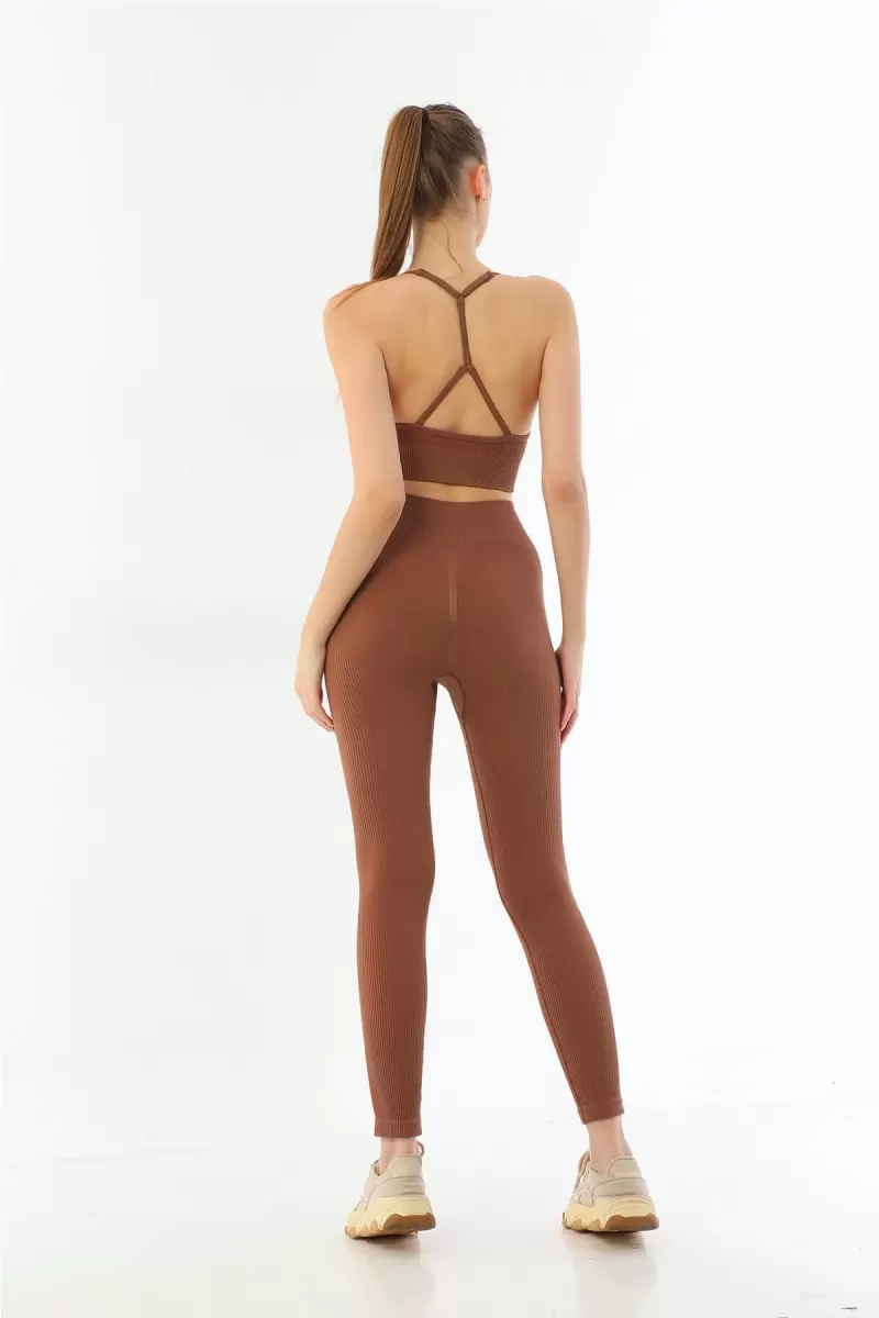 Kahve  3921 Soft Seamless Ripli Tayt Yoga Takımı