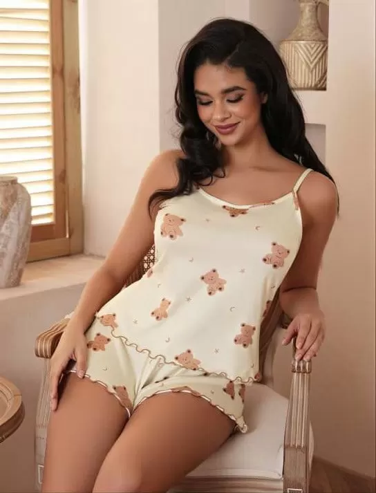 Ayıcık Desenli Askılı Şortlu Pijama Takımı