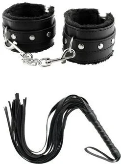 2li Set Siyah Fantazi Deri Kırbaç Peluş Tüylü Metal Zincirli Kemerli Fantazi Deri Kelepçe