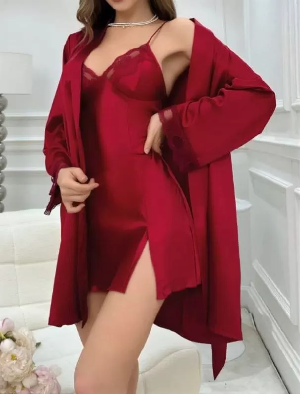 Bordo İnce Askılı Saten 2'li Gecelik Sabahlık Takımı