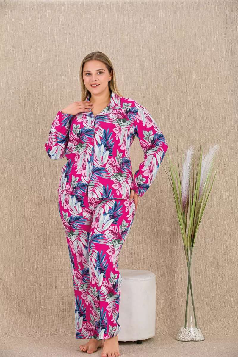 Büyük Beden Renkli Yaprak Desenli Düğmeli Uzun Kol Viskon Pijama Takımı