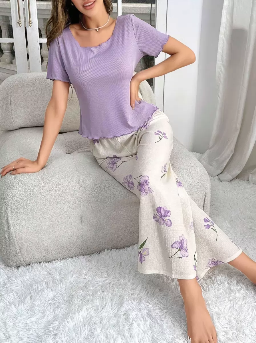 Kadın Mor Çiçek Desenli Yumuşak Pamuklu Uzun Pijama Takımı 5133