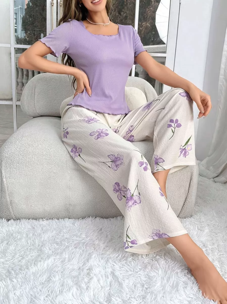 Kadın Mor Çiçek Desenli Yumuşak Pamuklu Uzun Pijama Takımı 5133