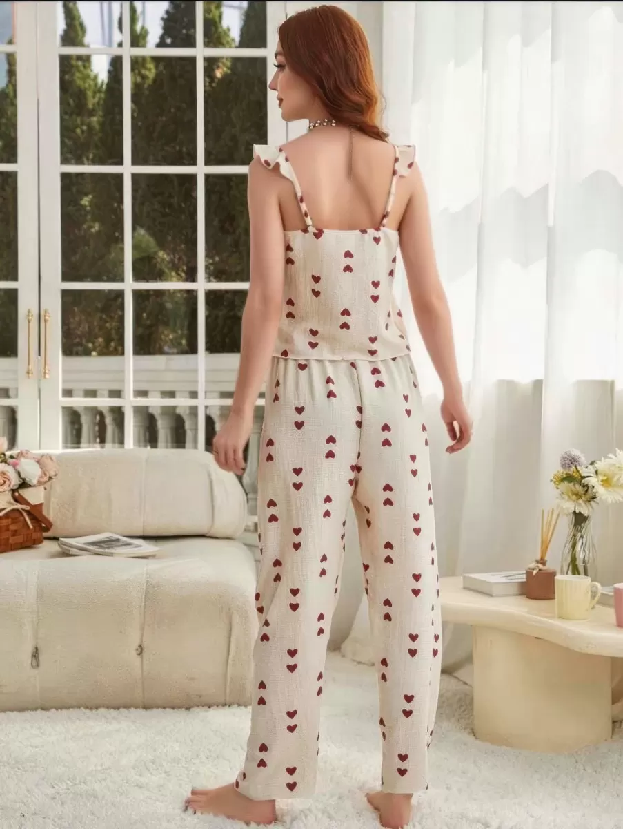 Kadın Ekru Kırmızı Kalp Desenli Yumuşak Pamuklu Uzun Pijama Takımı 5136