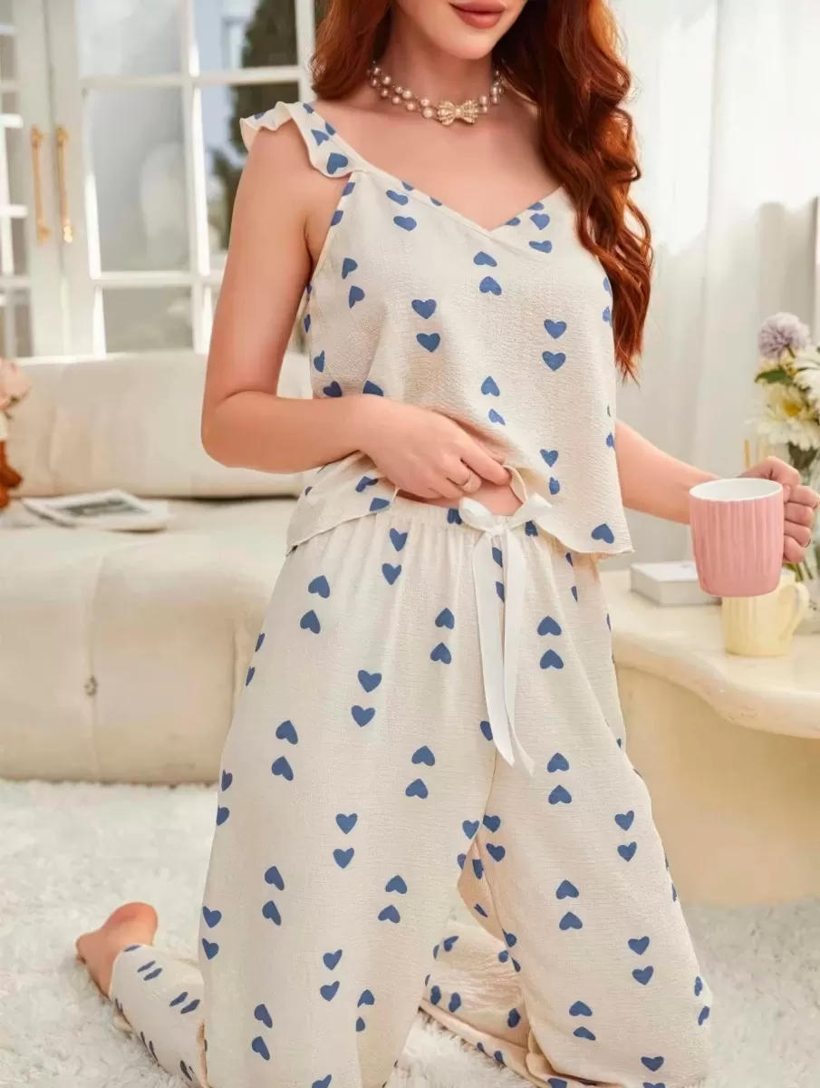Kadın Ekru Mavi Kalp Desenli Yumuşak Pamuklu Uzun Pijama Takımı