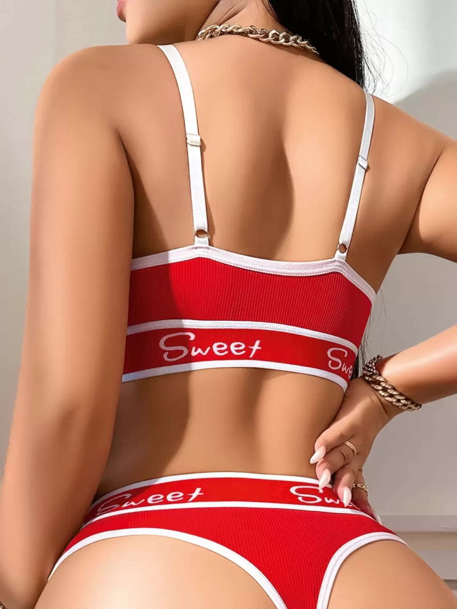Kadın Kırmızı Love Yazı Detaylı Zarif Bikini Mayo Takımı Özel Tasarım