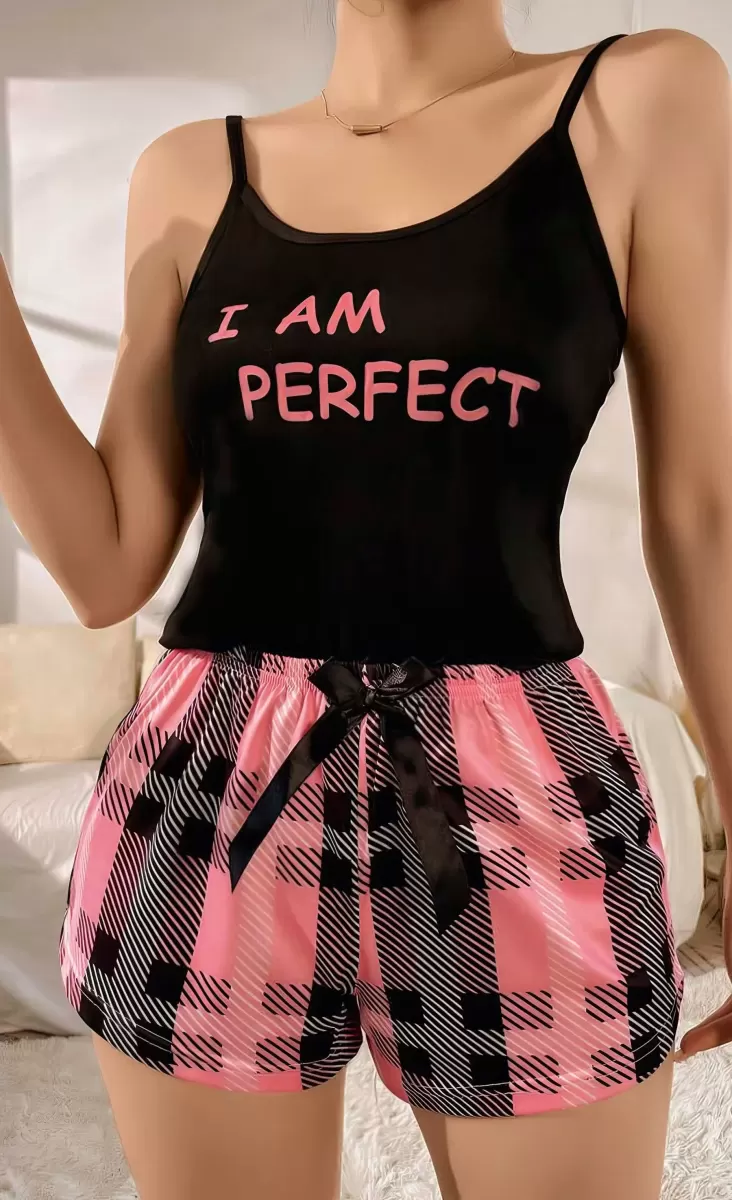Kadın Siyah Kare Desenli Askılı Şortlu Pijama Takımı Rahat Şık 2’li Set
