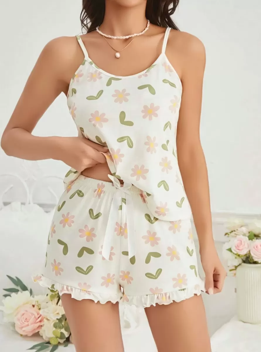Kadın Ekru Çiçek Baskılı Şortlu Gecelik Pijama Takımı Rahat Şık 2’li Set