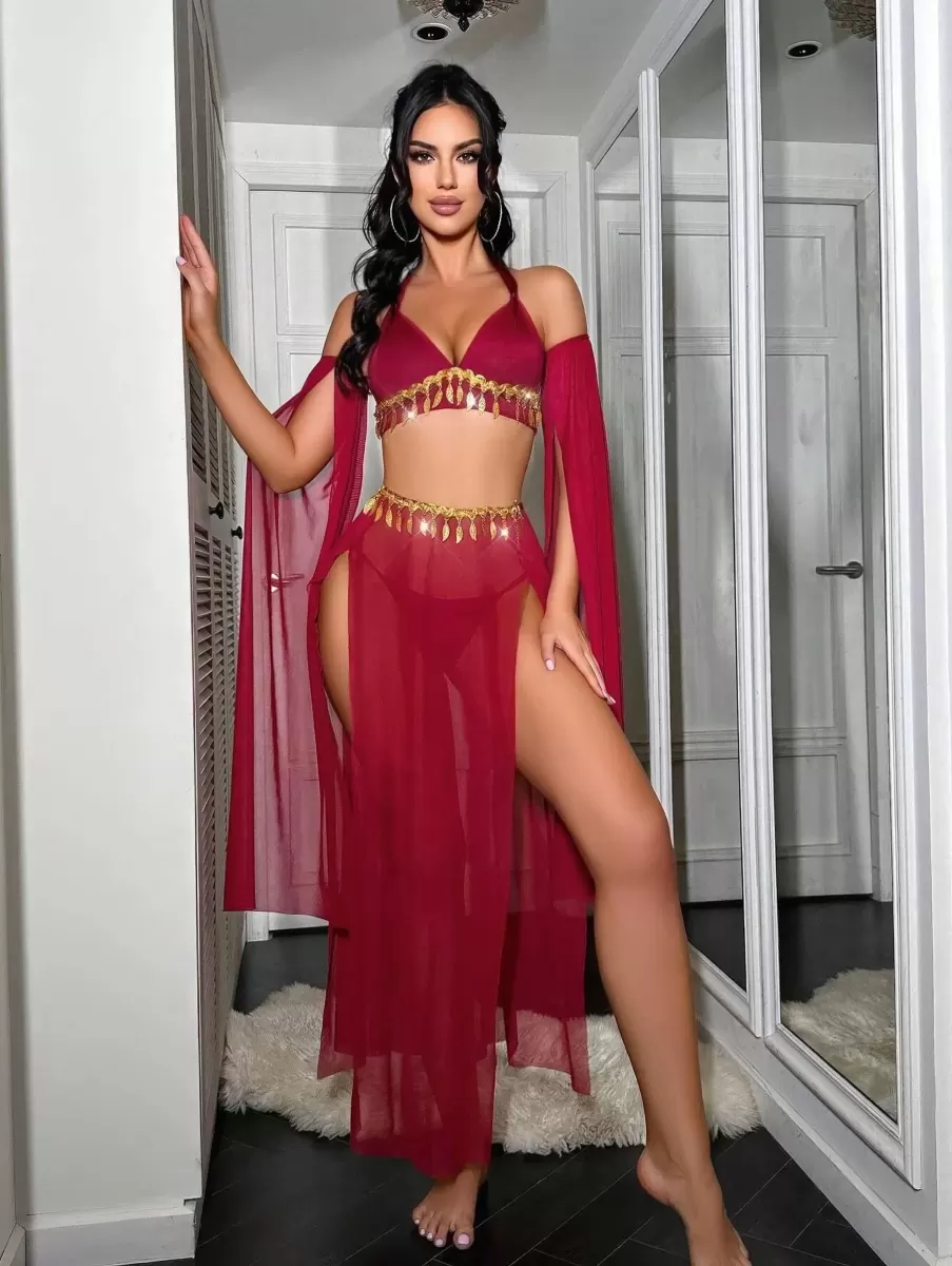 Kadın Kırmızı Harem Kostümü Özel Tasarım Şık Fantazi Giyim Seti