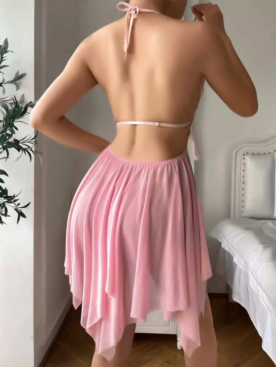 Pembe Tül Kelebek Detaylı Gecelik Kadın İç Giyim