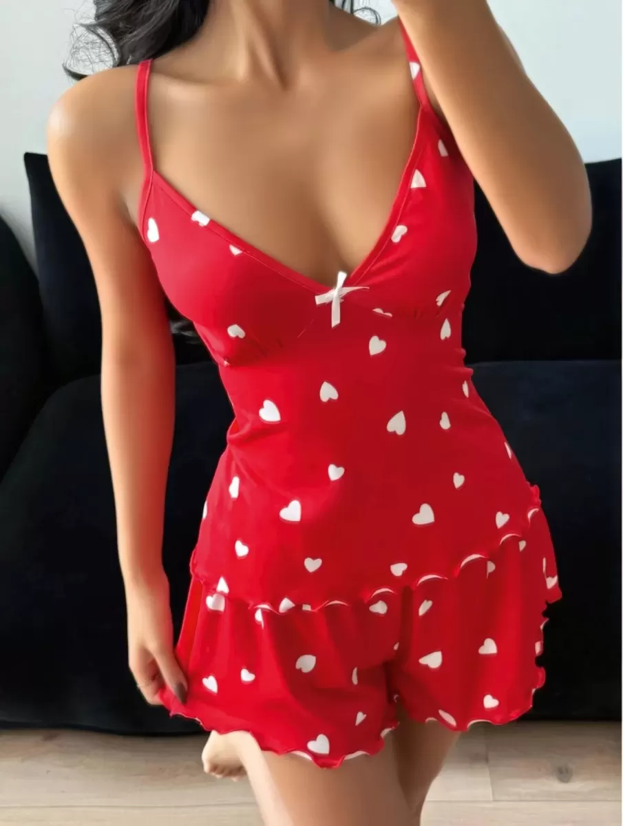 Kadın Kırmızı Kalp Desenli Şortlu Pijama Takımı Sevimli Rahat 2’li Set