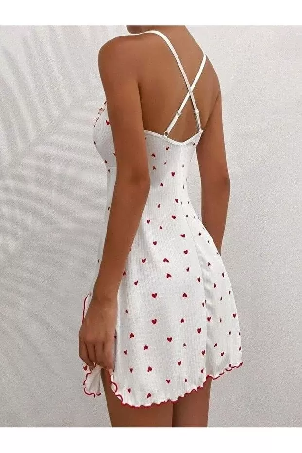 Kadın Beyaz Kırmızı Kalp Desenli Askılı Mini Elbise Şık Günlük Kadın Elbise Özel Tasarım