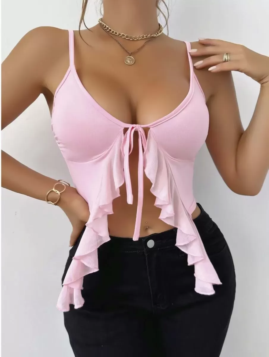 Kadın Pembe Crop Bluz Askılı Önden Bağlamalı Fırfır Detaylı Şık Kadın Üst Giyim Özel Tasarım