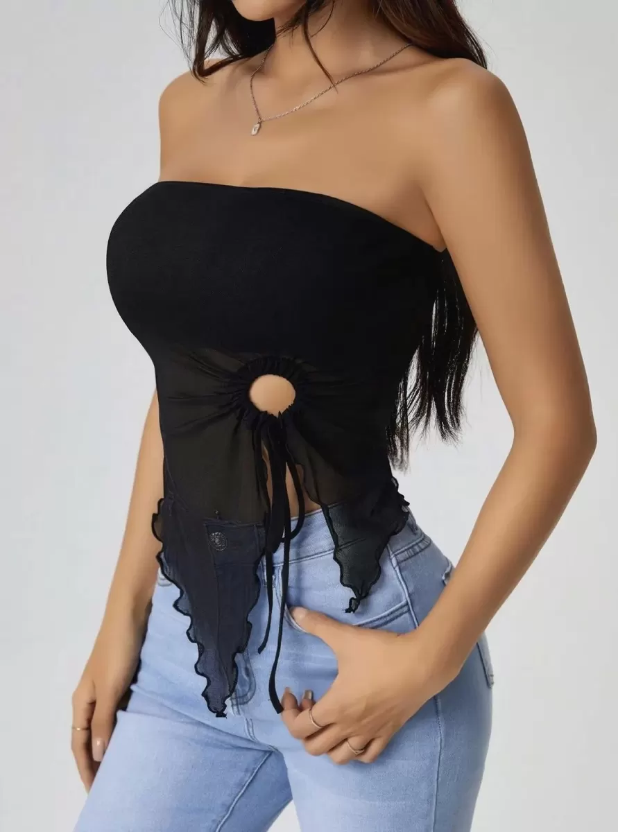 Kadın Siyah Crop Bluz Önden Halka Detaylı Büzgülü Şık Kadın Üst Giyim Özel Tasarım