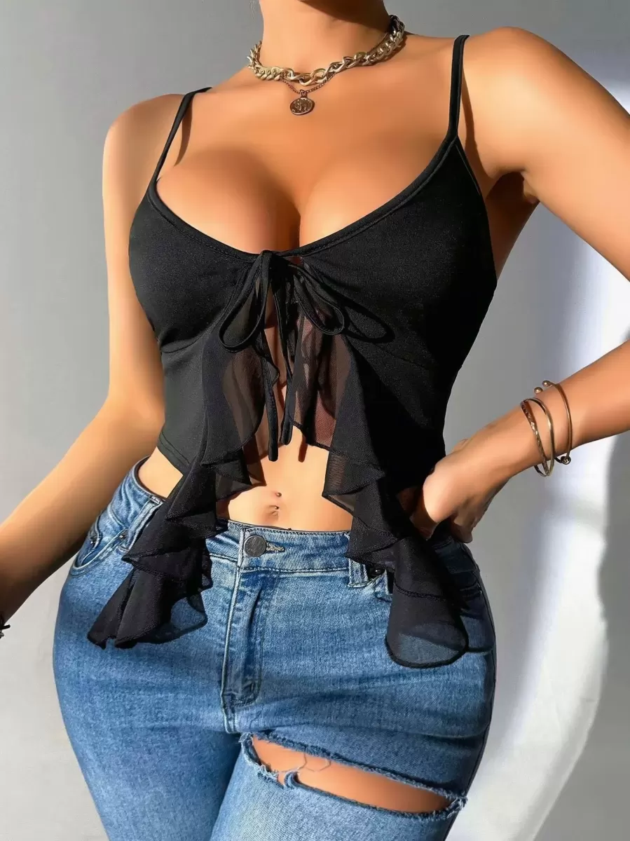 Kadın Siyah Crop Bluz Askılı Önden Bağlamalı Fırfır Detaylı Şık Kadın Üst Giyim Özel Tasarım
