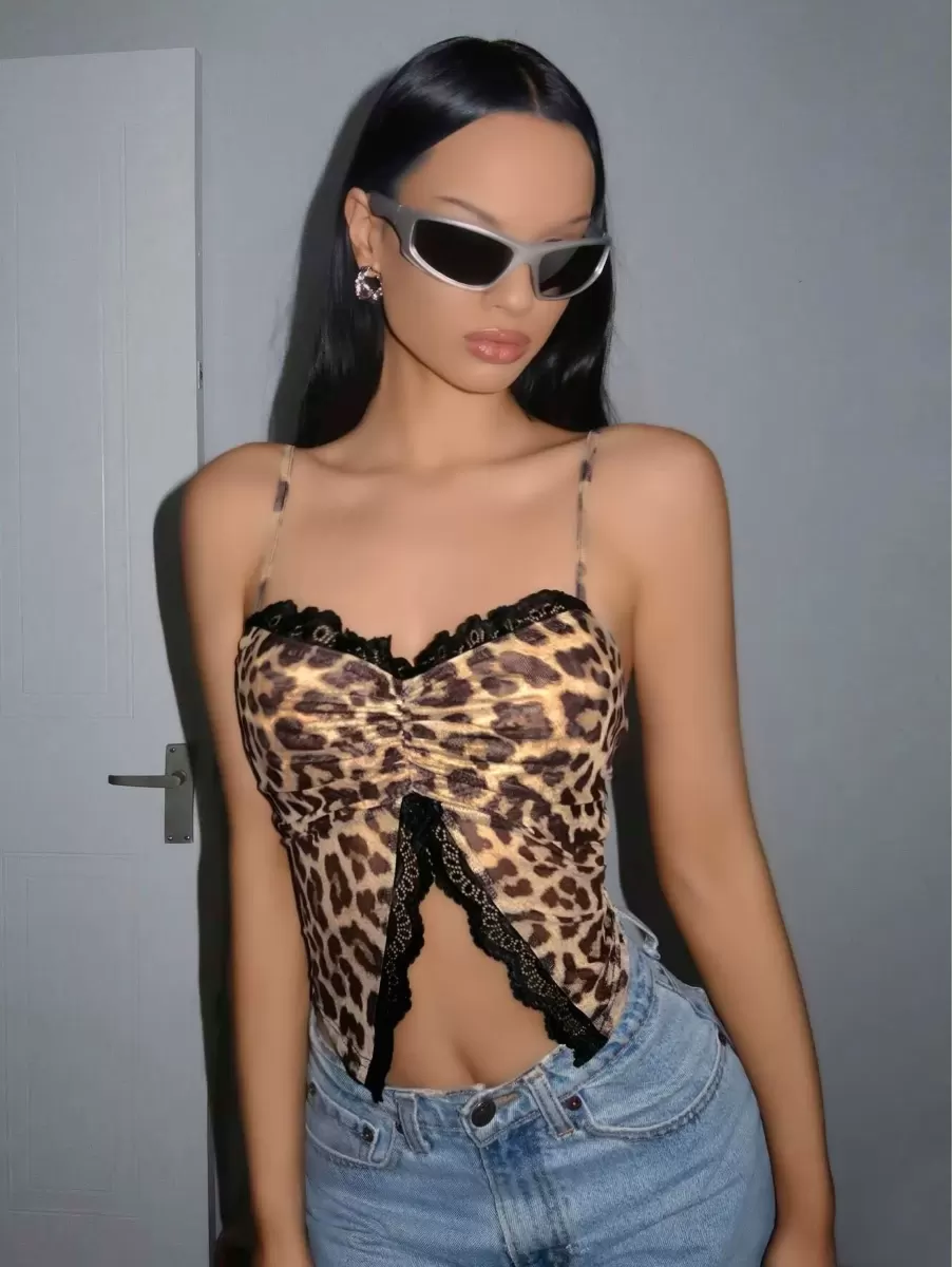 Kadın Leopar Desenli Crop Bluz Dantel Detaylı Şık Kadın Üst Giyim Özel Tasarım