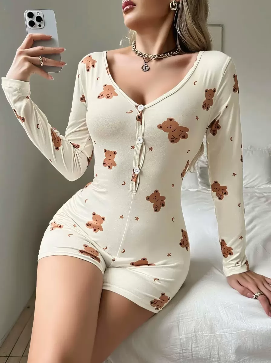 Kadın Bej Ayıcık Desenli Pijama Tulumu Yumuşak Rahat Ev Giyimi Şık Özel Tasarım