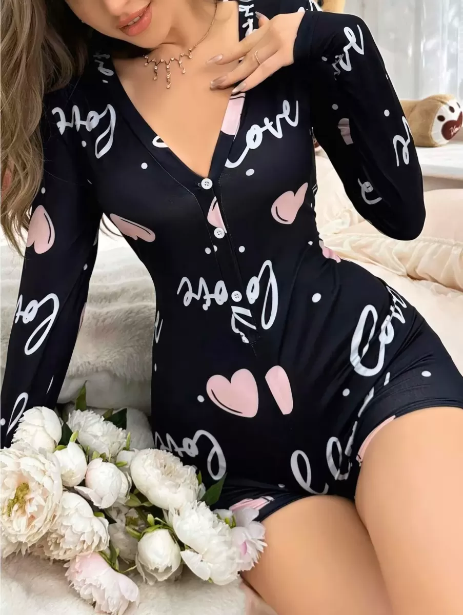 Kadın Siyah Kalp Desenli Love Yazılı Pijama Tulumu Yumuşak Rahat Ev Giyimi Özel Tasarım