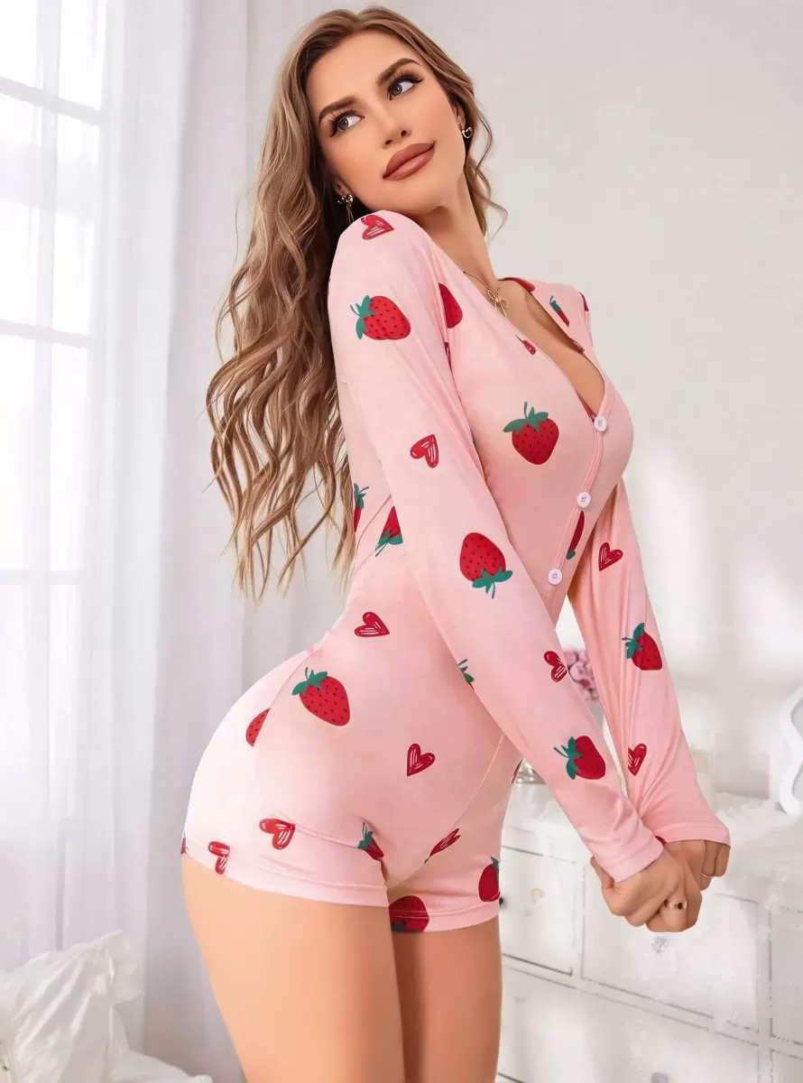 Kadın Pembe Çilek Desenli Pijama Tulumu Yumuşak Rahat Ev Giyimi Şık Özel Tasarım
