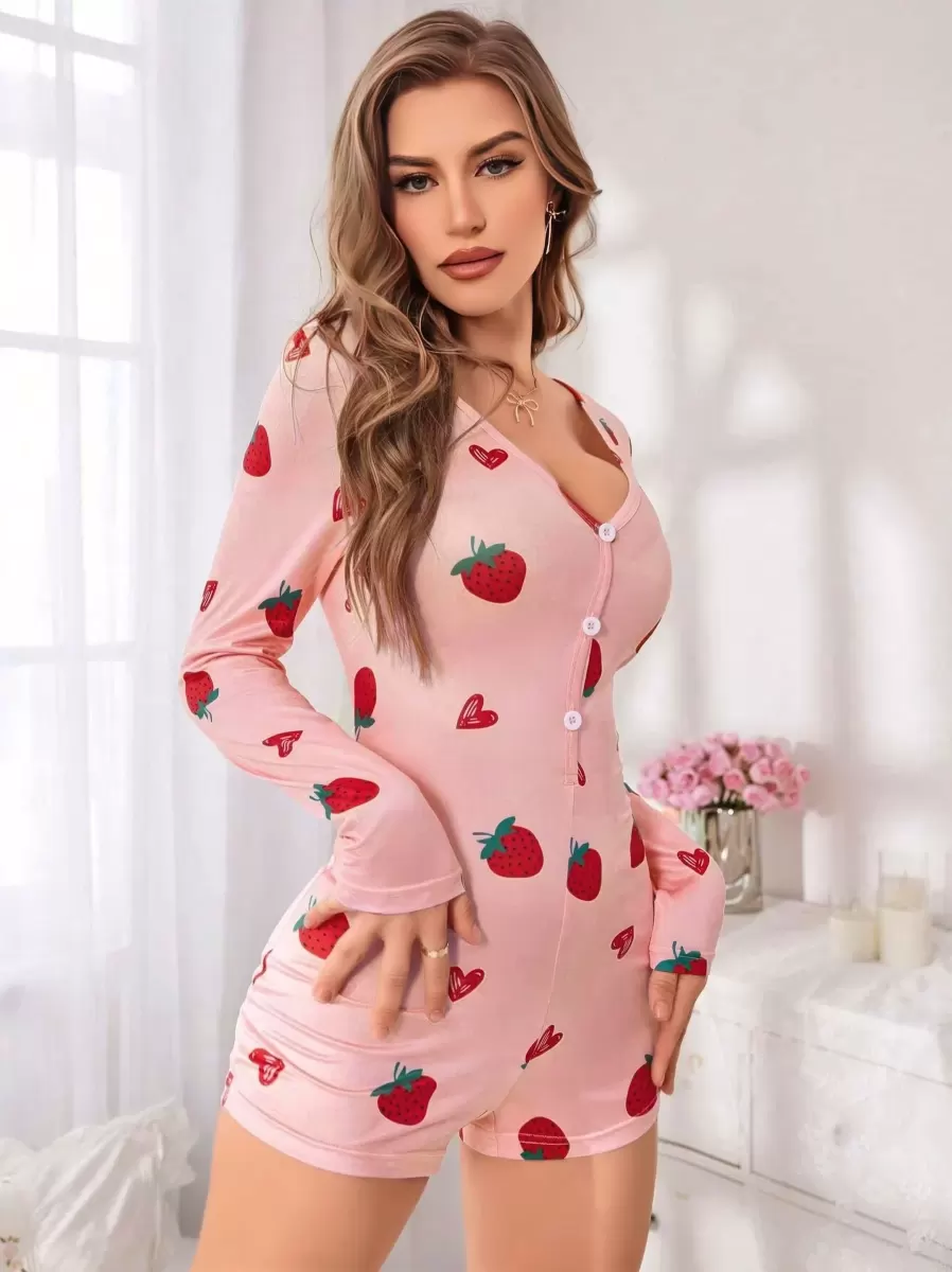 Kadın Pembe Çilek Desenli Pijama Tulumu Yumuşak Rahat Ev Giyimi Şık Özel Tasarım