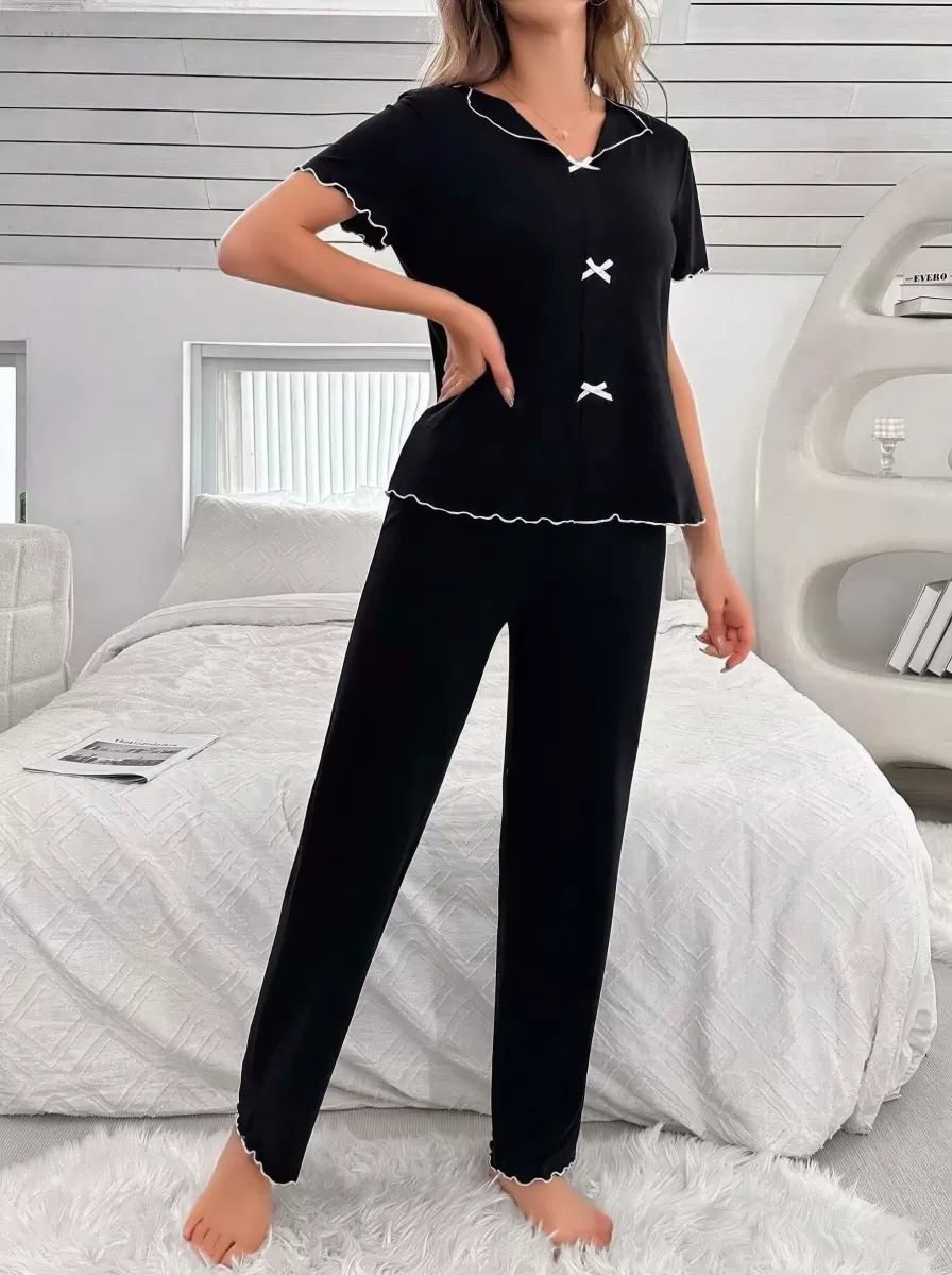Kadın Siyah Fiyonk Detaylı Uzun Pijama Takımı Yumuşak Pamuklu Rahat Ev Giyimi Özel Tasarım