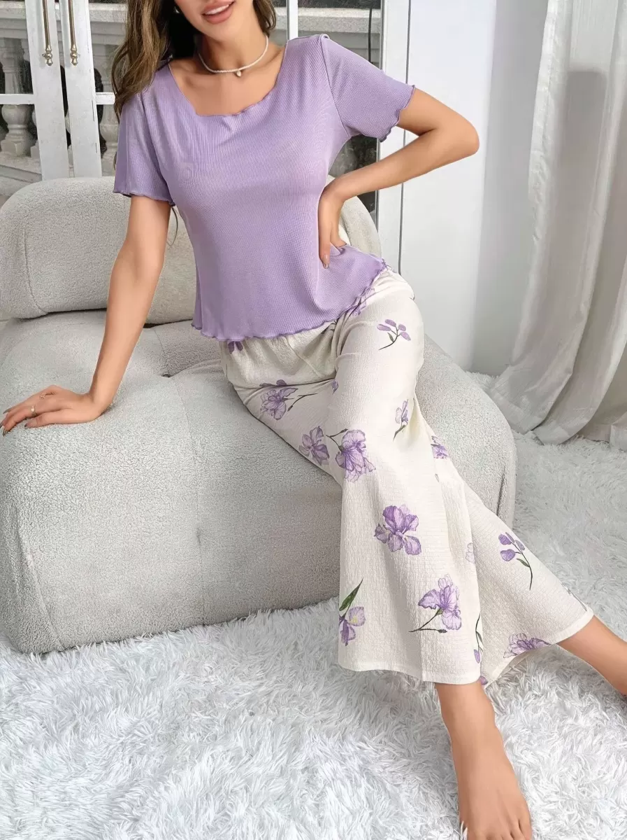 Kadın Mor Çiçek Desenli Uzun Pijama Takımı Yumuşak Pamuklu Rahat Ev Giyimi Özel Tasarım