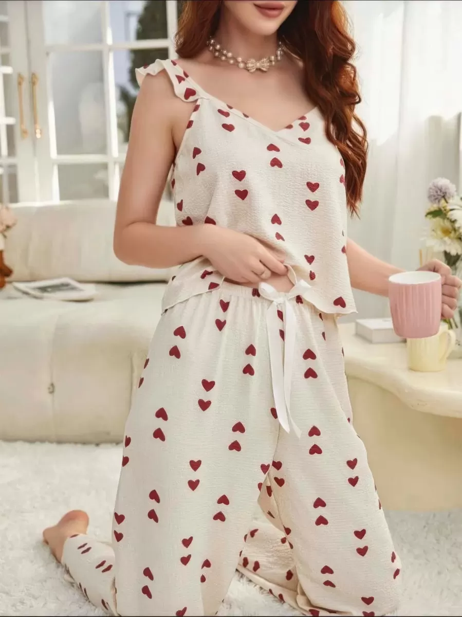 Kadın Ekru Kırmızı Kalp Desenli Uzun Pijama Takımı Yumuşak Pamuklu Rahat Ev Giyimi Özel Tasarım