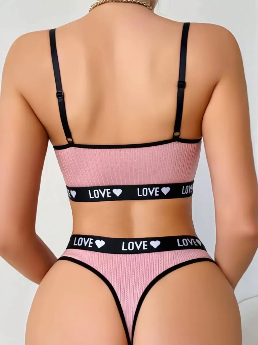 Kadın Pembe Love Yazılı Mayo Bikini Şık Esnek Kumaş Plaj Giyim Özel Tasarım