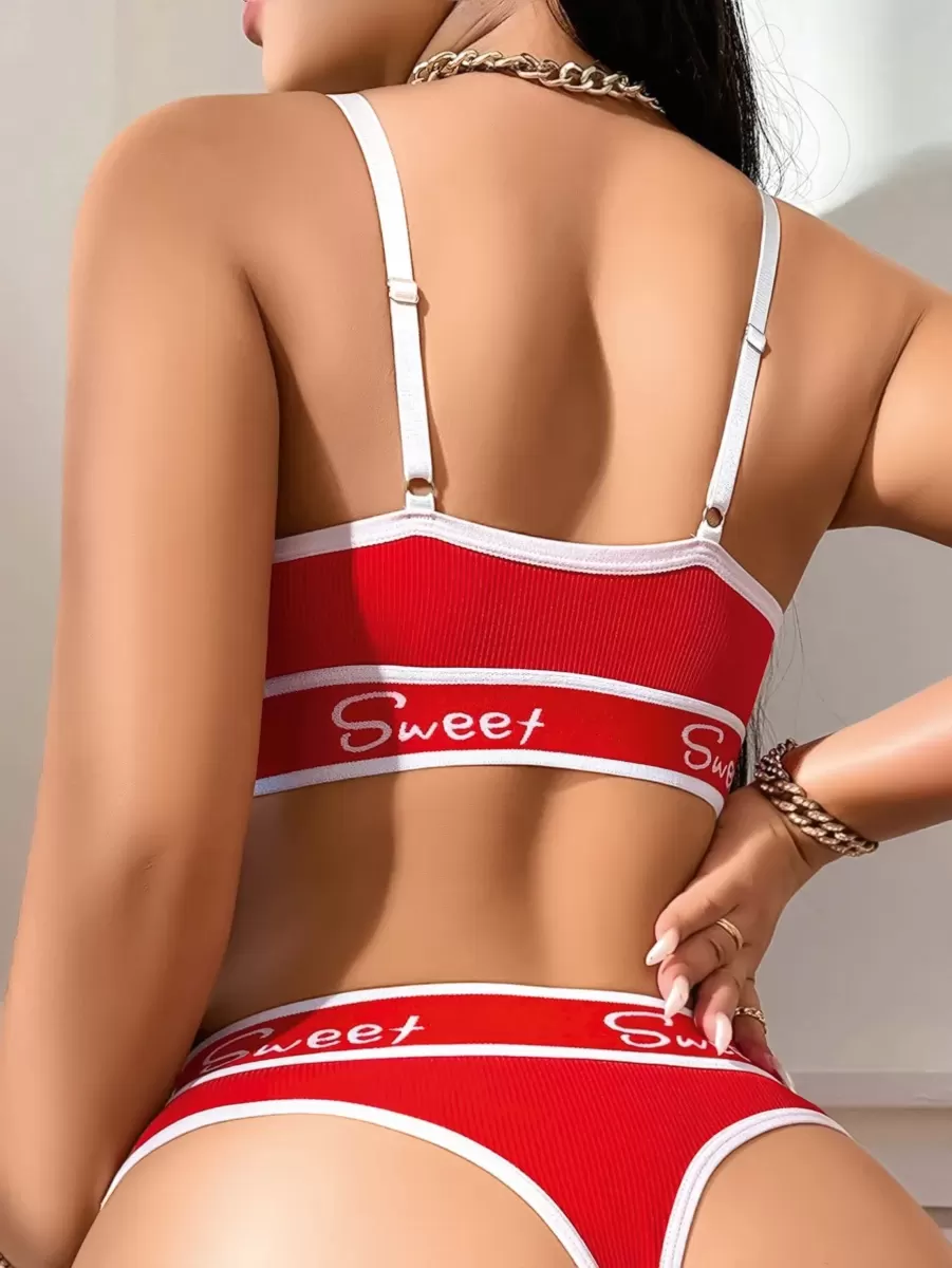 Kadın Kırmızı Love Yazılı Mayo Bikini Şık Esnek Kumaş Plaj Giyim Özel Tasarım