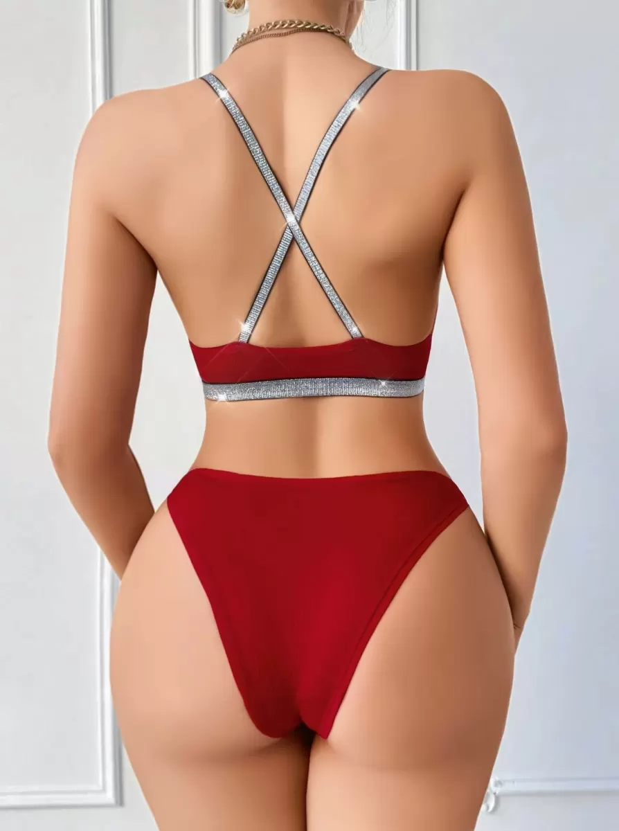 Kadın Bordo Love Yazılı Mayo Bikini Arkası Çapraz Detaylı Şık Plaj Giyim Özel Tasarım