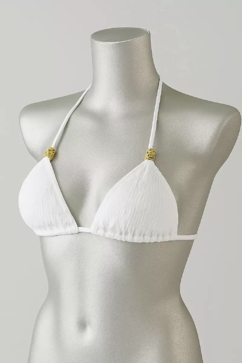 Beyaz Pedli Üçgen Bikini Üstü Halter Bağlamalı Aksesuarlı Esnek Kumaş Kadın Mayo Üstü