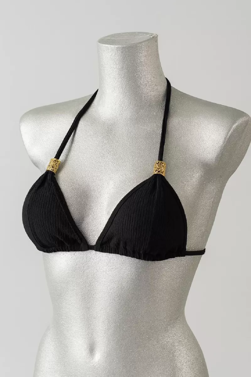 Siyah Pedli Üçgen Bikini Üstü Halter Bağlamalı Aksesuarlı Esnek Kumaş Kadın Mayo Üstü