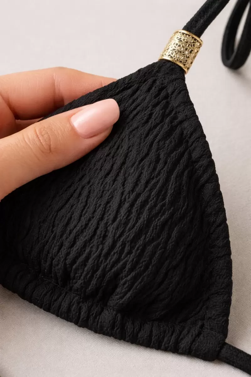 Siyah Pedli Üçgen Bikini Üstü Halter Bağlamalı Aksesuarlı Esnek Kumaş Kadın Mayo Üstü