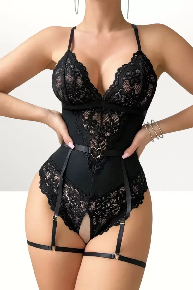 Siyah Dantel Jartiyerli Bodysuit Gecelik Kemer Detaylı Şık Kadın Gece Giyim