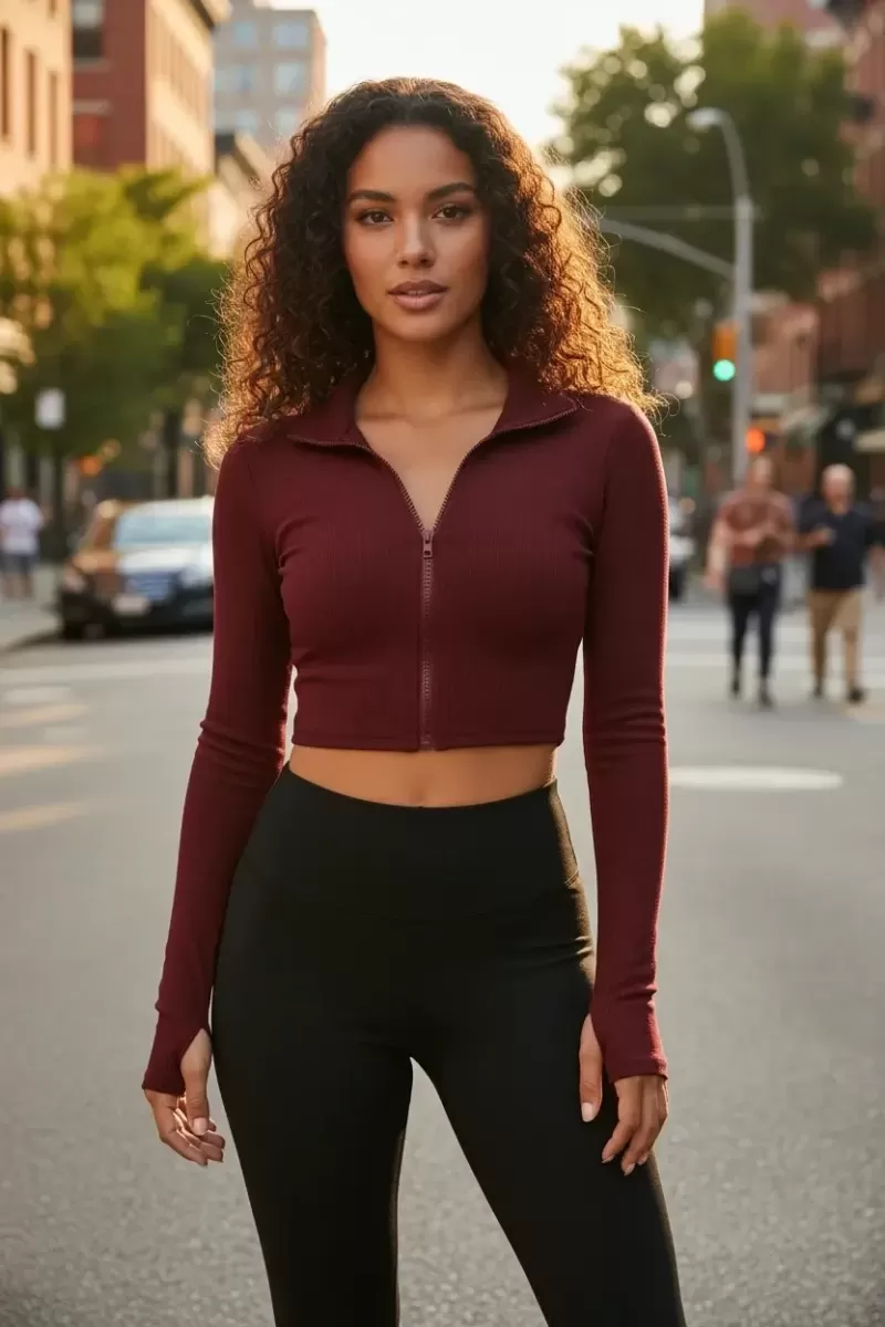 Bordo Dik Yaka Fermuarlı Uzun Kollu Parmak Geçmeli Crop Top Spor Bluz