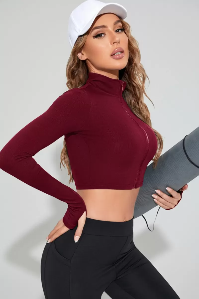 Bordo Dik Yaka Fermuarlı Uzun Kollu Parmak Geçmeli Crop Top Spor Bluz