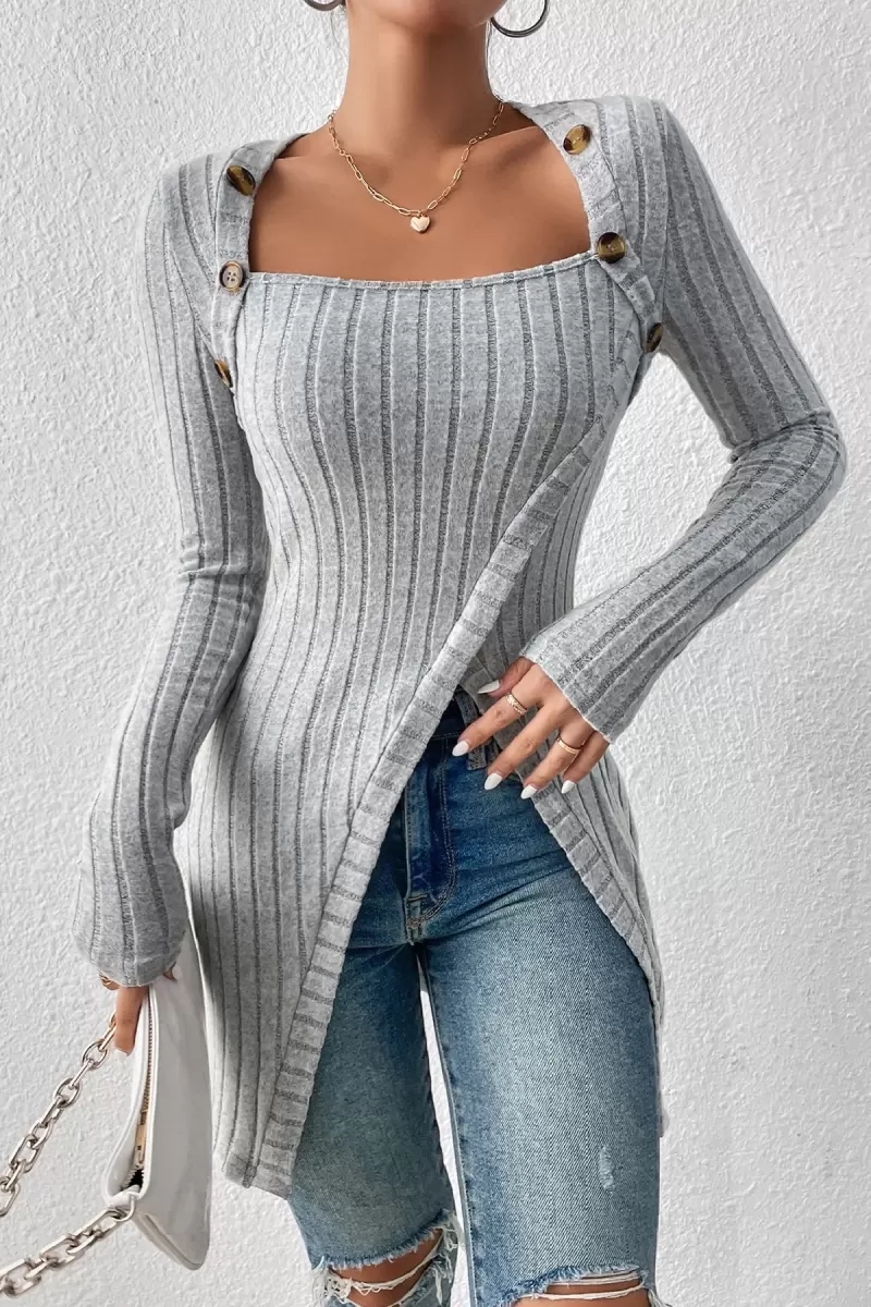 Kadın Gri Düğme Detaylı Kare Yaka Fitilli Asimetrik Etekli Uzun Kollu Bluz Premium Stil