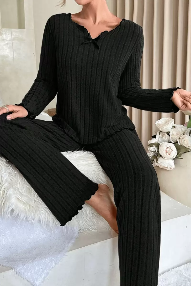 Kadın Siyah Fiyonk Detaylı Uzun Kollu Yuvarlak Yaka Mevsimlik Pijama Takımı Premium Ev Giyim