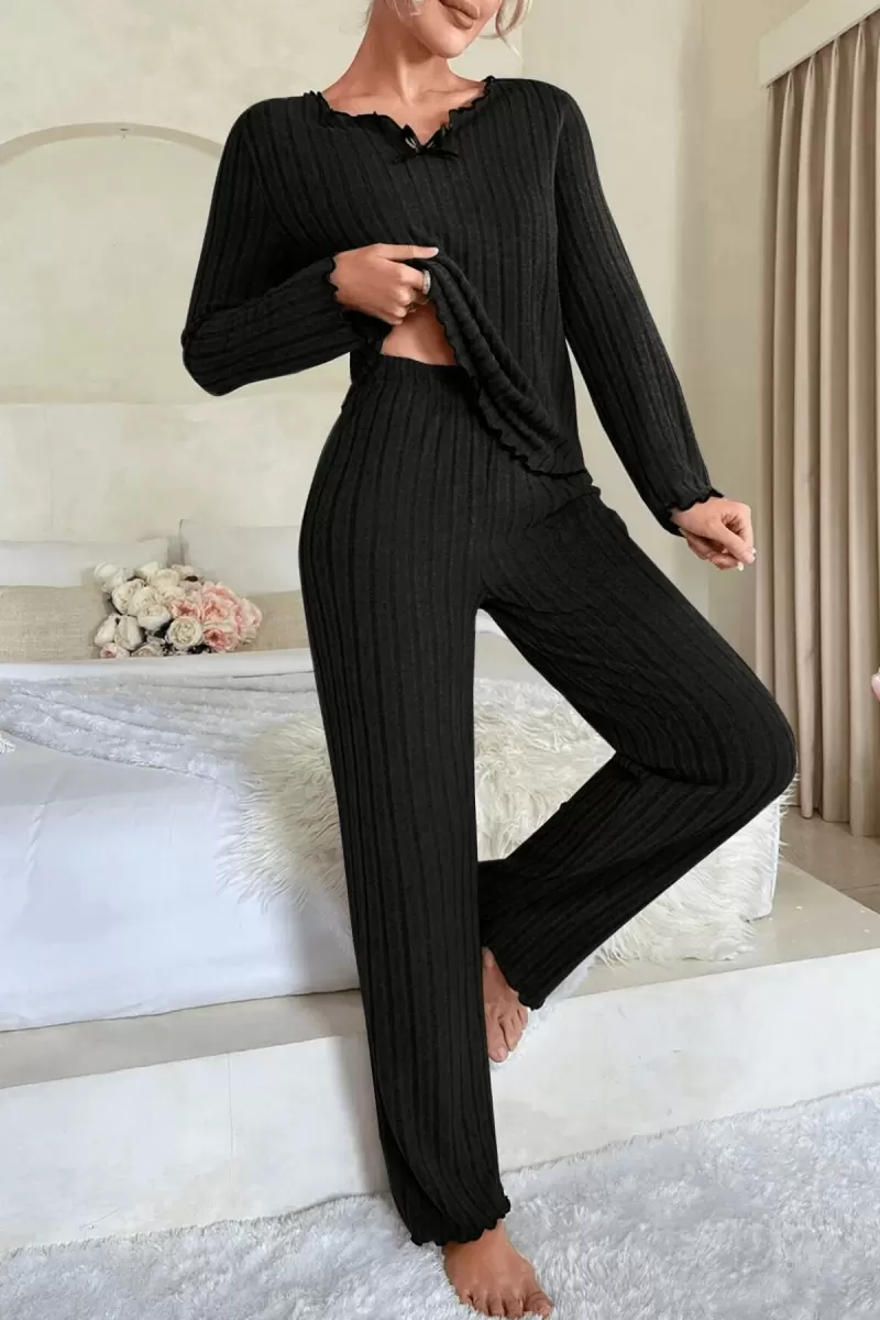 Kadın Siyah Fiyonk Detaylı Uzun Kollu Yuvarlak Yaka Mevsimlik Pijama Takımı Premium Ev Giyim