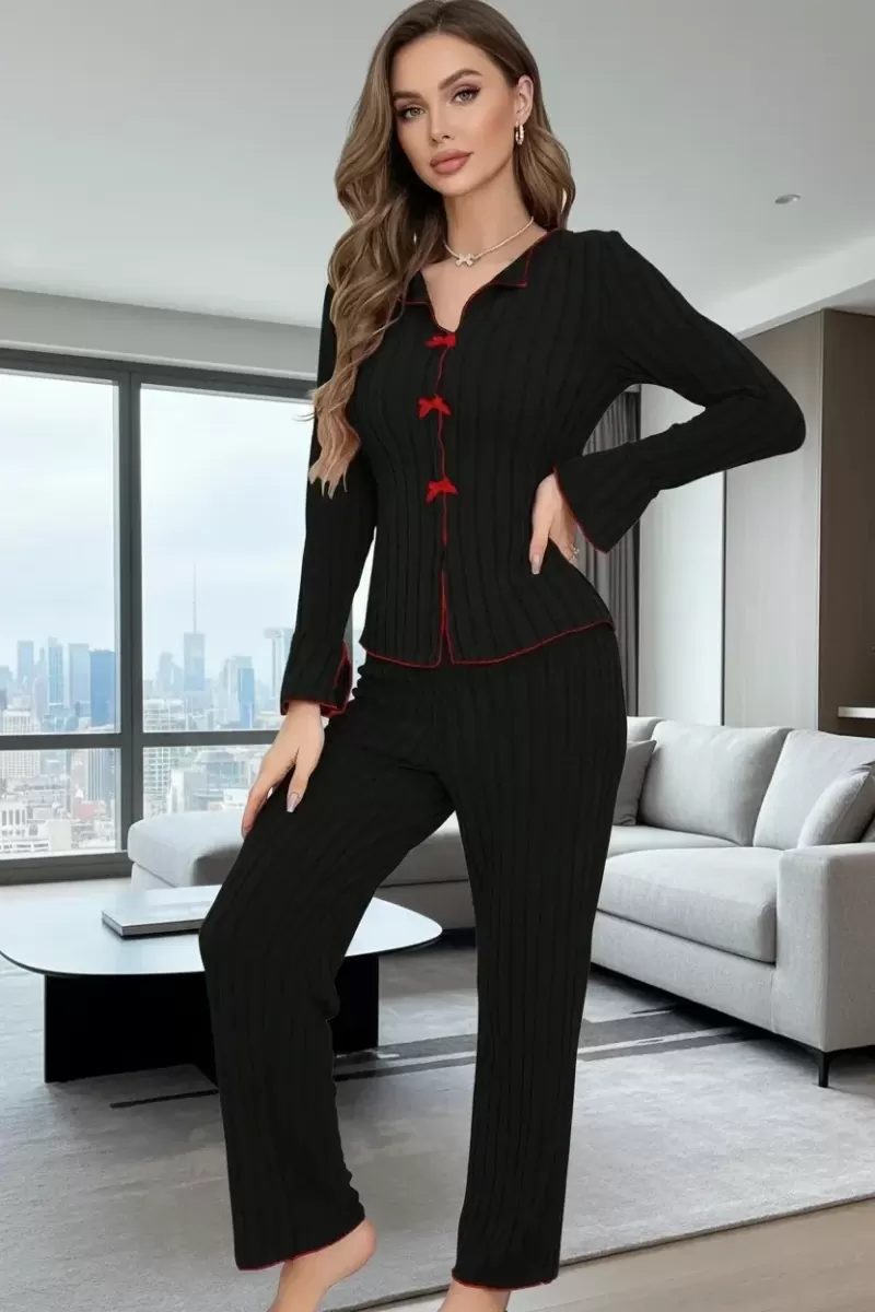 Kadın Siyah Kırmızı Biyeli Fiyonk Detaylı Uzun Kollu Mevsimlik Pijama Takımı Premium Ev Giyim