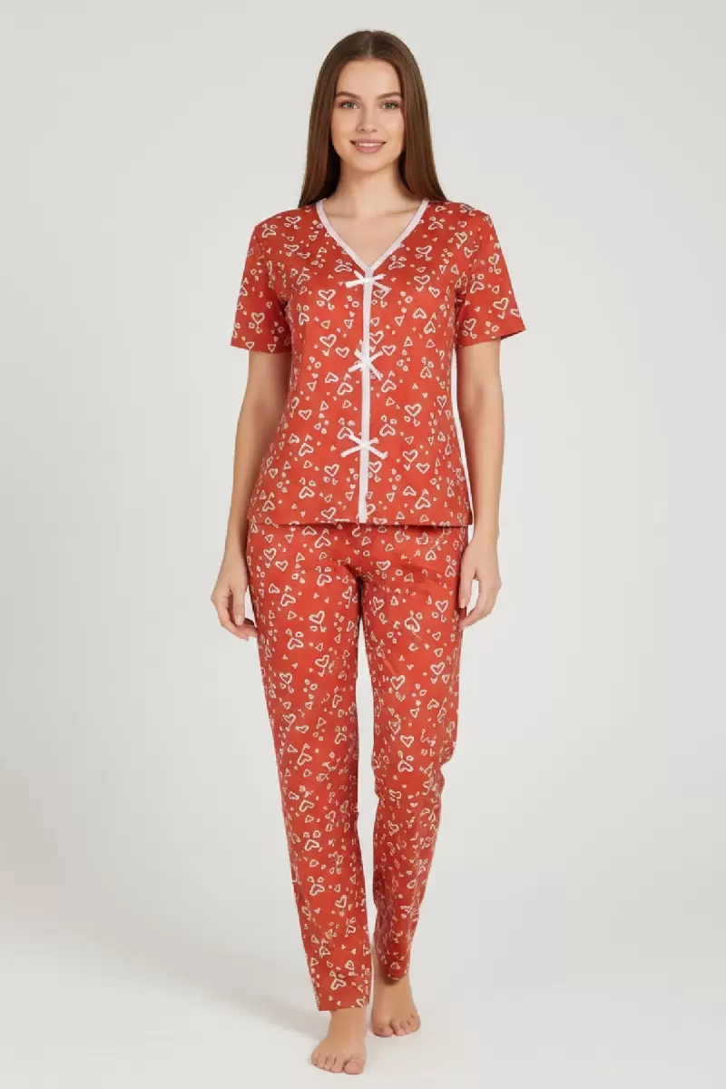Kadın Turuncu Kalp Desenli Fiyonk Detaylı Kısa Kollu Uzun Pijama Takımı Premium Ev Giyim