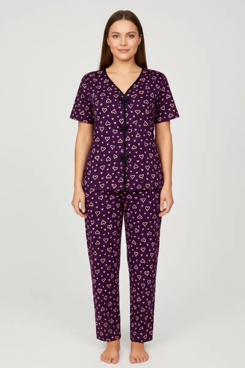 Kadın Mor Kalp Desenli Fiyonk Detaylı Kısa Kollu Uzun Pijama Takımı Premium Ev Giyim