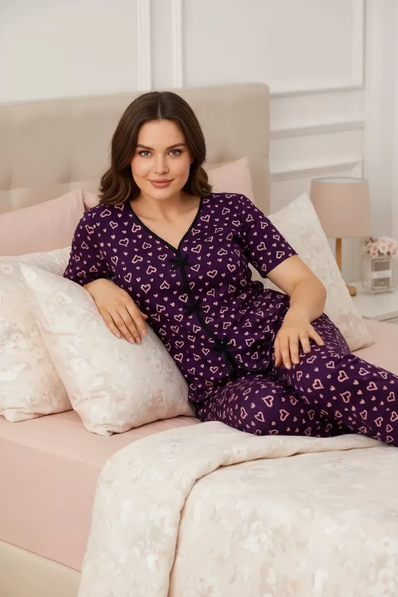 Kadın Mor Kalp Desenli Fiyonk Detaylı Kısa Kollu Uzun Pijama Takımı Premium Ev Giyim