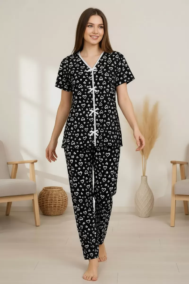 Kadın Siyah Kalp Desenli Fiyonk Detaylı Kısa Kollu Uzun Pijama Takımı Premium Ev Giyim