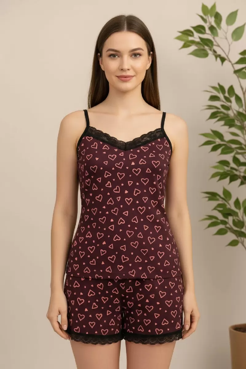 Kadın Mor Kalp Desenli Dantel Detaylı Askılı Şortlu Pijama Takımı Premium Ev Giyim