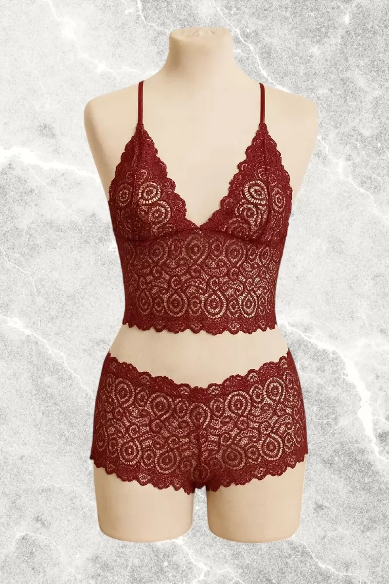 Bordo Dantel Bralet Şort Takımı Askılı Şık Kadın Ev Giyim