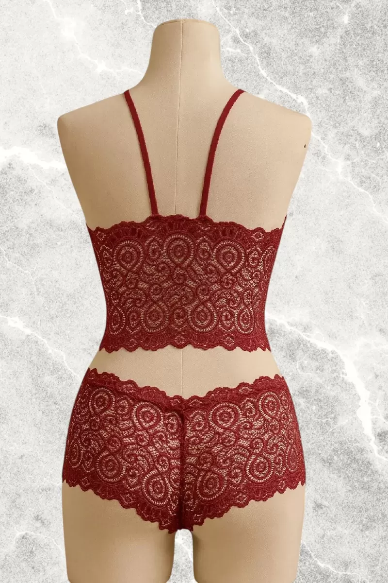 Bordo Dantel Bralet Şort Takımı Askılı Şık Kadın Ev Giyim