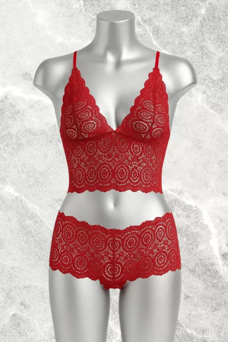 Kırmızı Dantel Bralet Şort Takımı Askılı Şık Kadın Ev Giyim