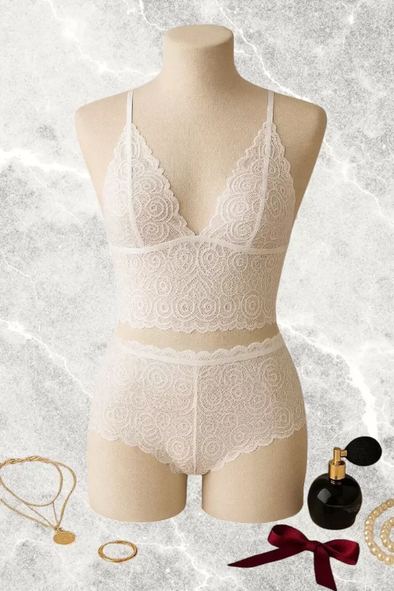 Beyaz Dantel Bralet Şort Takımı Askılı Şık Kadın Ev Giyim
